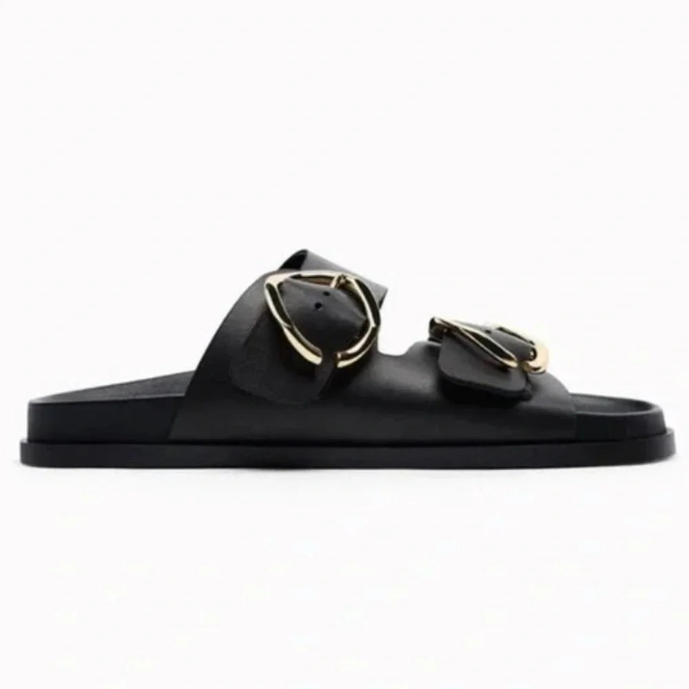 Zara Buckled Flat Leather Black Sandals Woman’s Size 9 - Picture 5 of 10